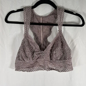 aerie Bralette Women's Large Dark Pink Floral Lace Open Knit Straps Pull On